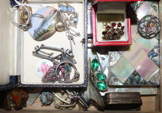 Mixed jewellery including 3 gold and diamond rings, other jewellery and a mother of pearl card case.